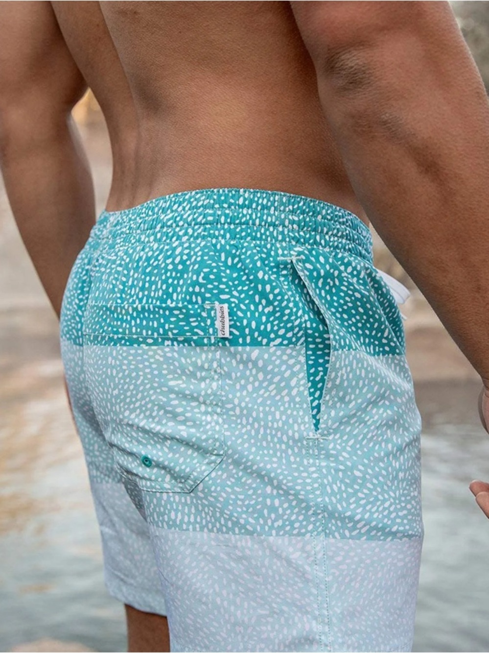 chubbies Teal and White Dot Swim Trunks